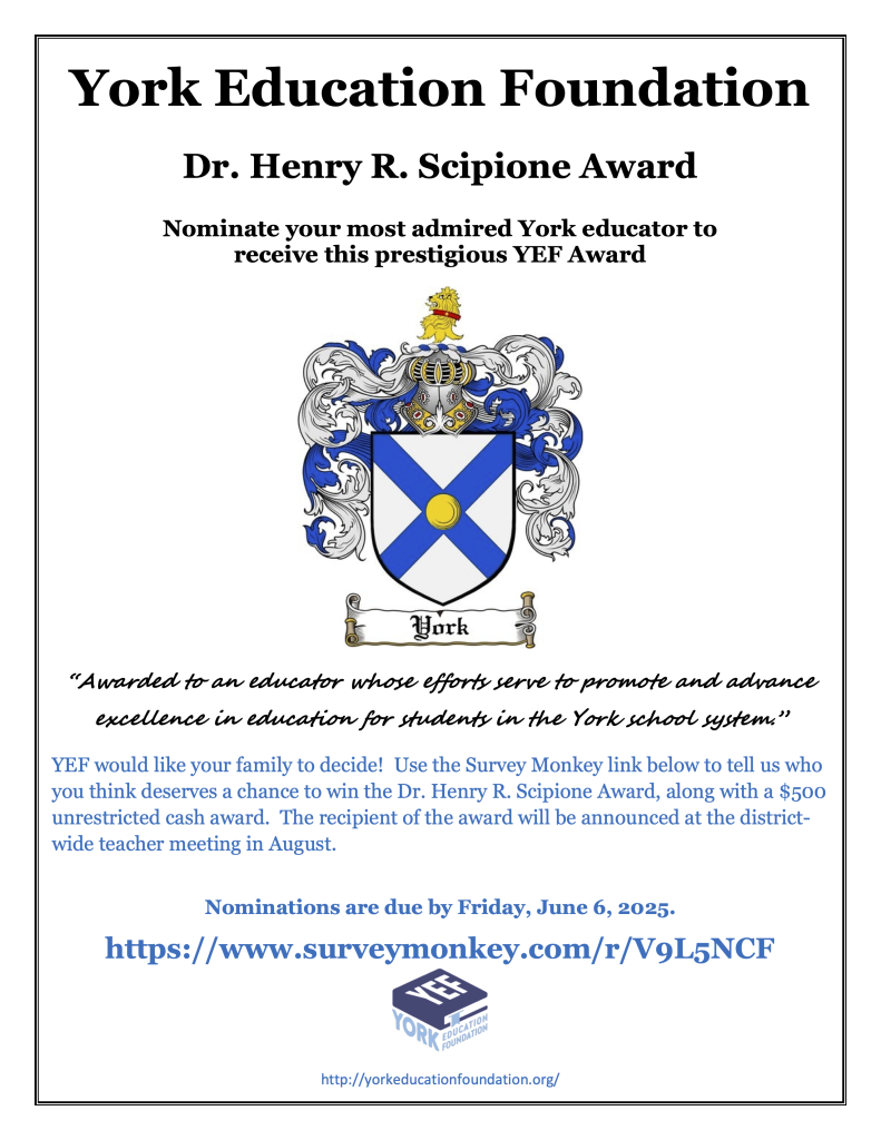 Poster for the Dr. Henry R. Scipione Award
Picture shows a Herald Crest for York plus a description of the award and instructions for nominations. Text for this picture is available in the general text of the post.